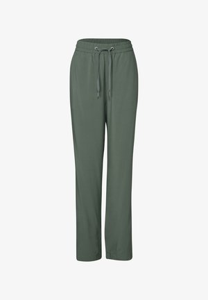 Zielone, lekkie spodnie o luźnym kroju z elastycznym pasem i sznurkiem. Posiadają proste nogawki i brak widocznych wzorów lub dodatków.