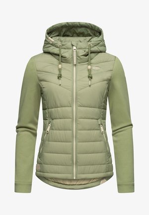 Chaqueta híbrida verde claro con un frente acolchado, mangas lisas, capucha, bolsillos con cremallera y cremallera de longitud completa con cordones.