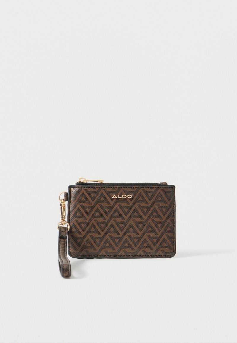 Pochette bracelet marron et noire avec motif géométrique, fermeture éclair dorée et logo ALDO à l'avant.