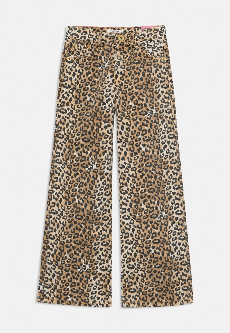 Jean παντελόνι σε λεοπάρ σχέδιο με φαρδιά γραμμή σε μπεζ και καφέ αποχρώσεις, διαθέτοντας πέντε τσέπες και χρυσές μεταλλικές λεπτομέρειες στη ζώνη.