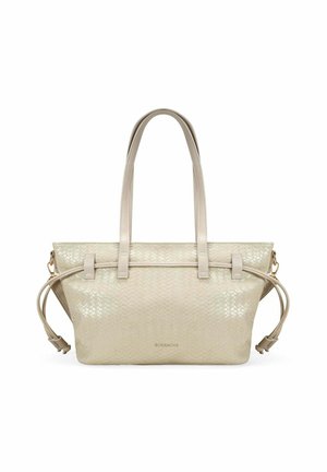 Bolso de mano de cuero tejido beige con dos asas largas, cordones laterales y logotipo BOSANOVA en el centro frontal.