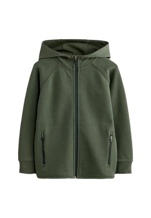 Haut à capuche zippé vert avec une capuche spacieuse, des manches raglan et des poches zippées. Fabriqué en tissu doux et texturé.