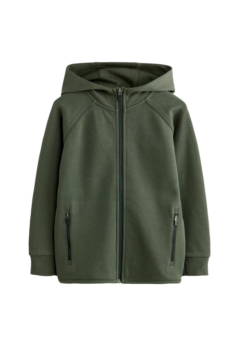 Grön zip-up hoodie med en rymlig huva, raglanärmar och dragkedjefickor. Tillverkad av mjukt, texturerat tyg.