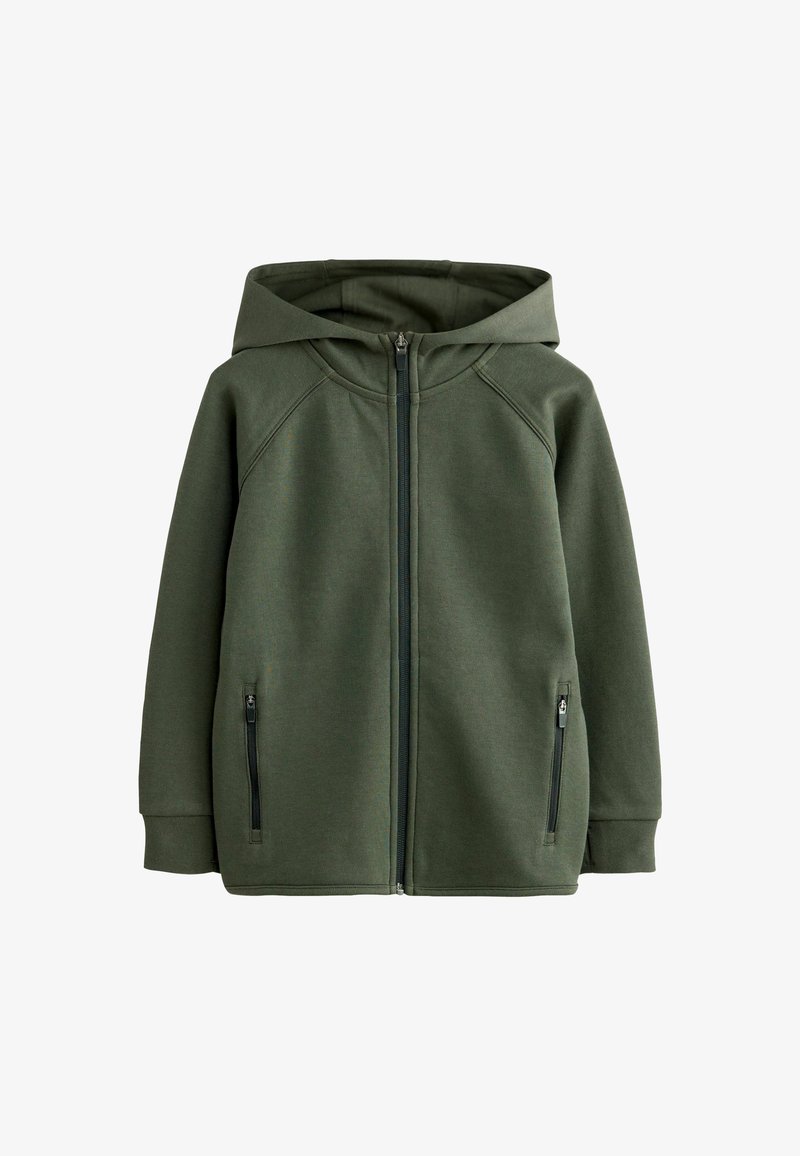 Felpa verde con zip e cappuccio ampio, maniche raglan e tasche con zip. Realizzata in tessuto morbido e testurizzato.