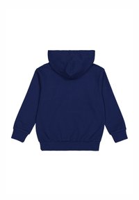 Felpa blu navy con una texture morbida, dotata di cappuccio con coulisse, polsini a costine e orlo arrotondato. Design semplice, senza pattern o accenti visibili.