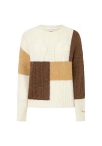 Krämfärgad, brun och beige stickad tröja med geometriska färgblock. Kabelstickad textur på övre vänstra delen, ribbade ärmslut och en rund halsringning.