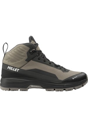 Hiking boots in gray and black with a textured upper, featuring Gore-Tex material and a Michelin outsole, designed for durability and traction.