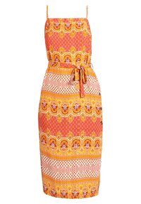 Midi šaty s ramínky v živých vzorech růžové, oranžové a bílé barvy; mají přiléhavý pas s vázáním a texturovanou látku.