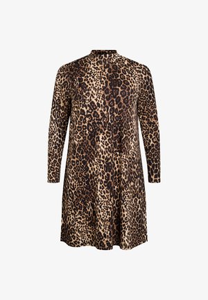 Abito leopardato a maniche lunghe in beige e nero, con scollo alto e silhouette svasata. Tessuto morbido con motivo animale.