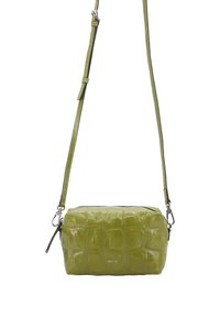 Green leather crossbody bag with a textured crocodile pattern, zip closure, adjustable strap, and silver hardware detail.
