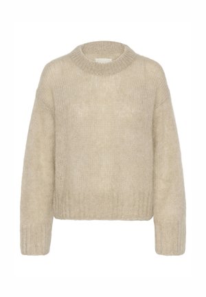 Beiger Strickpullover mit rundem Ausschnitt, weiten Ärmeln und gerippten Bündchen. Gefertigt aus weichem, flauschigem Material mit lockerem Sitz.