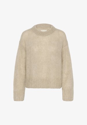 Beežist kootud kampsun ümarate kaeluste, laiade varrukate ja soonikkoes mansettidega. Valmistatud pehmest, kohevast materjalist lõdva lõikega.