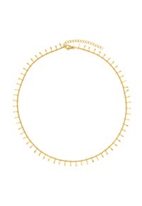 Collier en ton doré, présentant un design de chaîne avec de petits accents plats disposés uniformément le long de sa longueur, sécurisé par un fermoir et un rallonge.