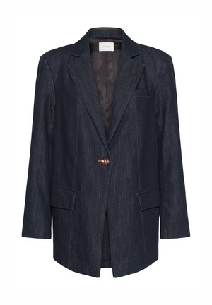 Veste en jean foncé avec une fermeture à un seul bouton, des revers crantés, deux poches avant et des détails de surpiqûres jaunes. Intérieur doublé.