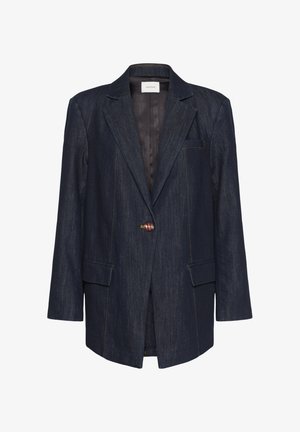 Donkerblauwe spijkerstofblazer met een enkele knoopsluiting, revers met inkeping, twee voorzakken en gele stikdetails. Gevoerd aan de binnenkant.