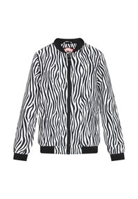 Bunda bomber s pruhy zebry v černé a bílé barvě, vybavená černým žebrovaným límcem, manžetami a pasem, se zapínáním na přední zip a minimálním brandingem.