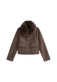 Bruin cropped jasje met een bontkraag, gouden knoopsluitingen en twee voorkeurszakken, gemaakt van zachte, gestructureerde stof.
