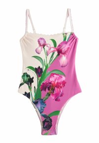 Jednoczęściowy kostium kąpielowy z cienkimi ramiączkami, w kolorach różowym i kremowym, ozdobiony dużymi żywymi kwiatowymi nadrukami z zielonymi liśćmi.