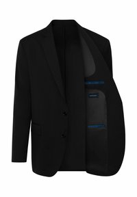 Schwarzer Blazer mit einreihigem Design, zwei Knöpfen und Notch-Revers. Innen mit dunklem Futter und blauen Akzenttaschen ausgestattet.