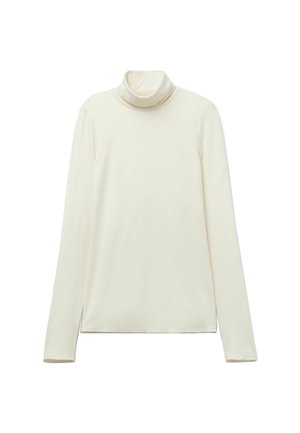 Svetr s rolákem v světle smetanové barvě, vyrobený z měkké, elastické tkaniny. Má dlouhé rukávy a přiléhavý střih. Hladký, minimalistický design.