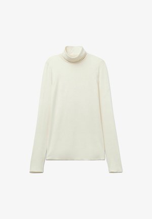 Pullover mit Rollkragen in hellcreme Farbton, gefertigt aus einem weichen, dehnbaren Stoff. Verfügt über lange Ärmel und eine figurbetonte Silhouette. Glattes, minimalistisches Design.