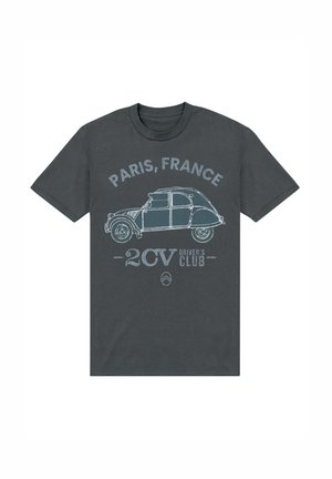 Mørkegrå bomulds t-shirt med en stregtegning af en klassisk bil, med teksten "PARIS, FRANKRIG" og "2CV DRIVER'S CLUB" i lys blå.