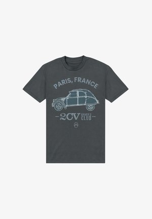 Mørkegrå bomulds t-shirt med en stregtegning af en klassisk bil, med teksten "PARIS, FRANKRIG" og "2CV DRIVER'S CLUB" i lys blå.