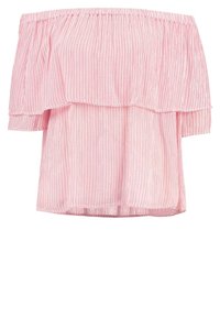 Top off-the-shoulder realizzato in leggero tessuto rosa con strisce verticali bianche. Presenta un colletto arricciato e maniche corte e morbide.