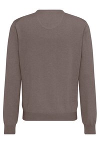 Brown long-sleeve sweater with a crew neckline, ribbed cuffs, and hem. Soft, smooth texture with a simple, unadorned design.