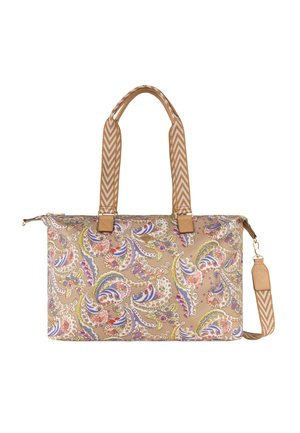 Rechthoekige beige handtas met meerkleurig paisley bloemenpatroon, twee gestreepte handvatten en afneembare schouderriem.