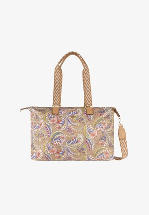 Rechthoekige beige handtas met meerkleurig paisley bloemenpatroon, twee gestreepte handvatten en afneembare schouderriem.