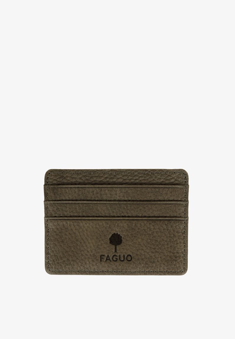 Brauner strukturierten Leder-Kartenhalter mit drei Kartenfächern und dem Faguo-Logo, das einen kleinen Baum auf der Vorderseite geprägt hat.