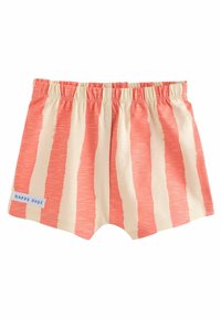 Gestreifte Shorts in Rot und Creme aus weichem Stoff, mit einem elastischen Bund und einem kleinen blauen Etikett, auf dem "happy days" steht.