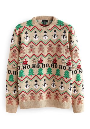 Jersey de punto beige con patrones navideños, incluyendo hombres de jengibre, muñecos de nieve y árboles en rojo y verde, con diseño en zigzag.