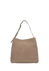 Beżowa torebka z zamszu o miękkim, zaokrąglonym kształcie, z regulowanym paskiem i gładką dolną skórzaną częścią. Posiada minimalne oznakowanie na dole.