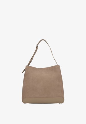 Beżowa torebka z zamszu o miękkim, zaokrąglonym kształcie, z regulowanym paskiem i gładką dolną skórzaną częścią. Posiada minimalne oznakowanie na dole.