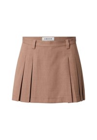 Bruine geplooide minirok van lichtgewicht stof, met een vlakke tailleband en een label met de merknaam "EDITED." Eenvoudig ontwerp.