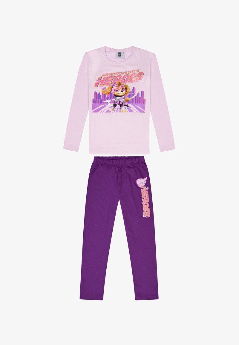 Roze lange mouwen shirt met een "Heroes" graphic, gecombineerd met paarse broek met "Heroes" tekst. Beide gemaakt van zachte stof.