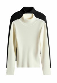 Ribattat turtleneckit valkoisena ja mustana, joissa on pitkät hihat ja tiukka muotoilu. Rakenteellinen kangas, jossa on värivaihteluja ja sileät kaula-aukot.
