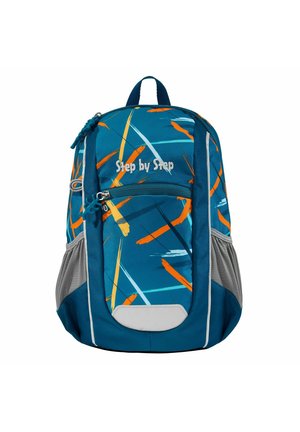 Blue and teal backpack with orange and white abstract patterns, featuring zippered compartments and gray mesh side pockets for storage.