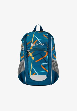 Blauer und türkisfarbener Rucksack mit orange-weißen abstrakten Mustern, ausgestattet mit Reißverschlussfächern und grauen Netzseitentaschen zur Aufbewahrung.