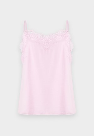 Roze top met verstelbare bandjes, voorzien van een delicate kantafwerking langs de halslijn en een gladde, zachte stoftekstuur.