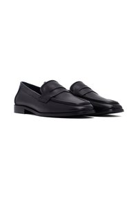 Zwarte leren loafers met een glanzende afwerking, met een ronde neus en een decoratieve band over de wreef. Minimalistisch ontwerp en platte zool.