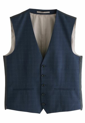 Gilet blu scuro con un motivo a quadri testurizzato, cinque bottoni neri, due tasche frontali e una fodera color crema simile alla seta.