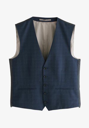 Granatowa kamizelka o teksturowanym wzorze kraty, pięć czarnych guzików, dwie przednie kieszenie oraz satynowe, kremowe wykończenie wewnętrzne.