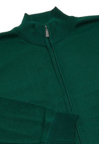 Maglione verde con zip e colletto alto. Presenta polsini e colletto a coste. Texture morbida, tessuto liscio e chiusura con zip dritta.