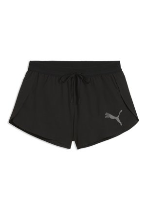 Sorte atletikshorts med elastisk talje, snøretræk, sideslidsler og reflekterende Puma-logo på højre ben.