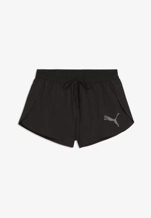 Zwarte sportshorts met elastische taille, trekkoord, zijsplitten en reflecterend Puma-logo op het rechterbeen.