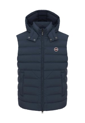 Veste sans manches matelassée bleu marine avec capuche amovible, fermeture éclair devant, deux poches latérales et logo rond Colmar sur la poitrine.