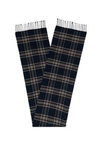 Sciarpa di lana con sfondo blu navy scuro e motivo a quadri in bianco e marrone, rifinita con bordi frangiati su entrambe le estremità.